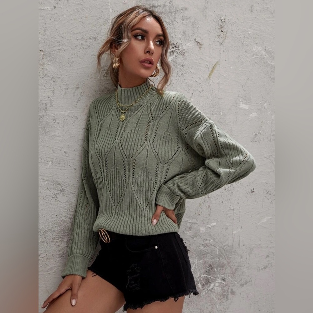 Pointelle Knit Turtleneck Drop Shoulder Sweater